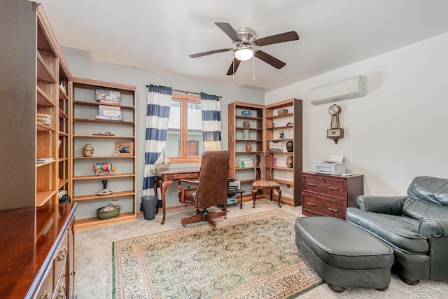 office area featuring ceiling fan, light carpet, and a wall mounted AC