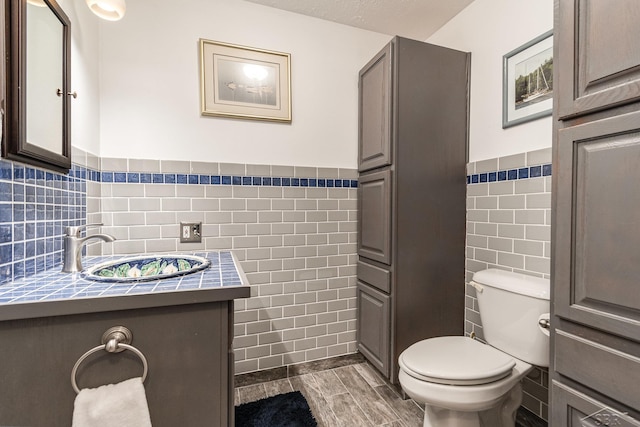 bathroom featuring vanity, toilet, and tile walls