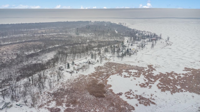 snowy aerial view with a water view