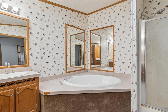 bathroom featuring vanity, crown molding, plus walk in shower, and a textured ceiling