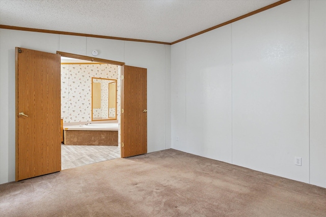 spare room featuring light colored carpet, ornamental molding, and a textured ceiling