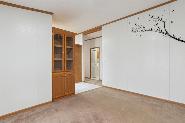 spare room with light carpet, a textured ceiling, and crown molding