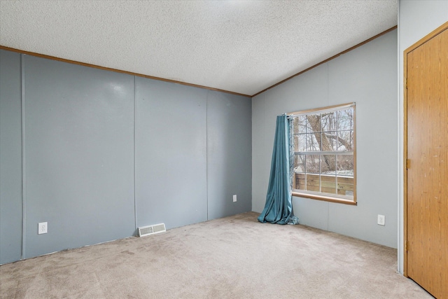 empty room with light colored carpet, a textured ceiling, and vaulted ceiling