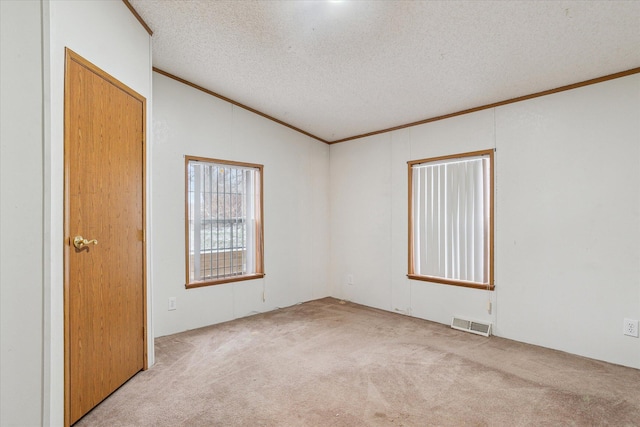 carpeted empty room featuring ornamental molding, a textured ceiling, and lofted ceiling