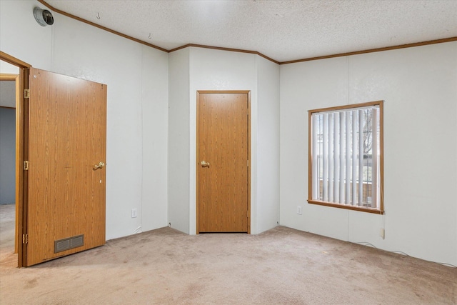 carpeted empty room featuring crown molding and a textured ceiling