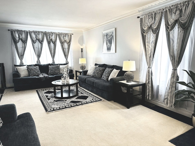 living room with carpet, a wealth of natural light, and crown molding