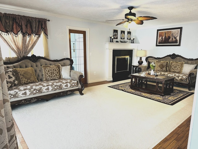 living room featuring a textured ceiling, ceiling fan, and ornamental molding