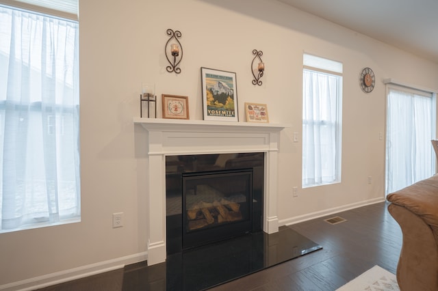 living room featuring dark wood-type flooring and a healthy amount of sunlight