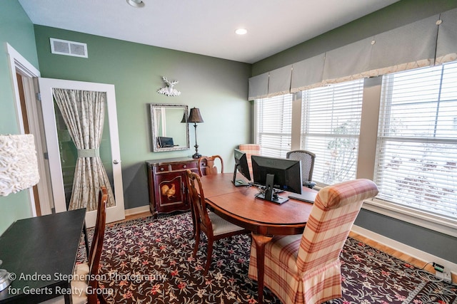 office featuring baseboards, visible vents, and recessed lighting