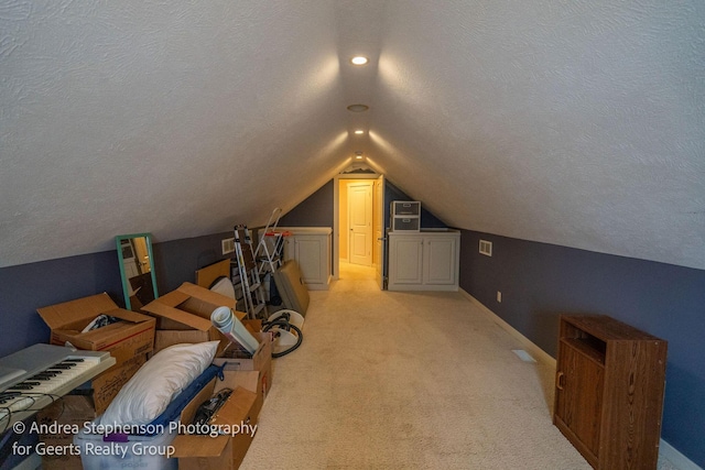 additional living space with lofted ceiling, light colored carpet, a textured ceiling, and baseboards