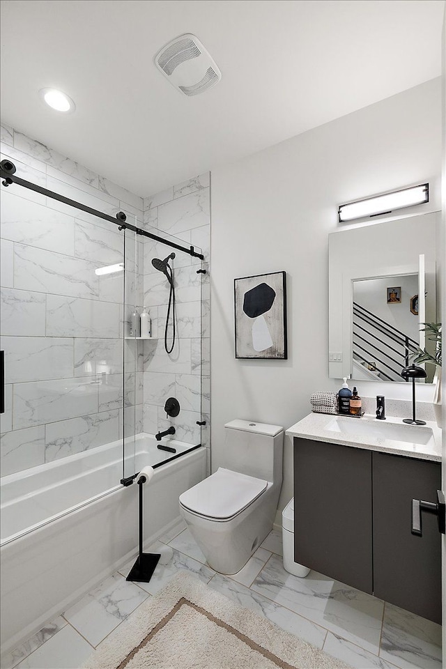full bathroom with shower / bath combination with glass door, toilet, vanity, marble finish floor, and recessed lighting