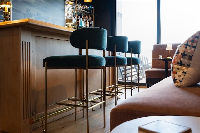 bar with a bar and wood finished floors
