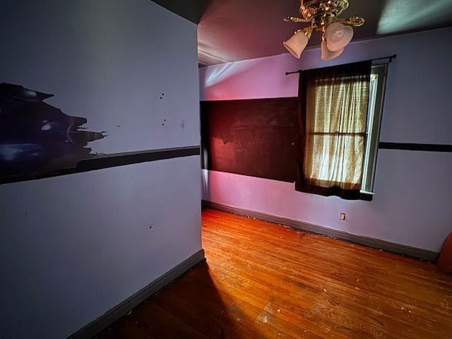 empty room featuring ceiling fan and hardwood / wood-style flooring