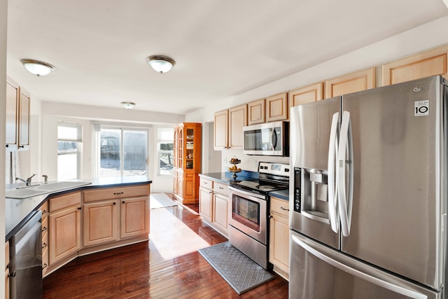 kitchen with dark wood-type flooring, light brown cabinetry, appliances with stainless steel finishes, and sink