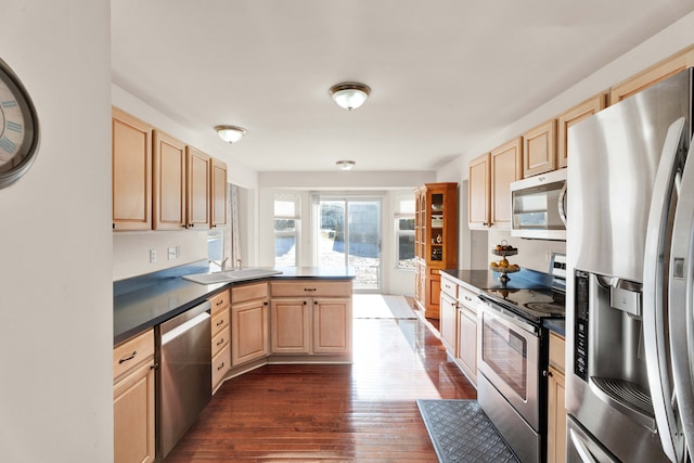 kitchen featuring sink, stainless steel appliances, light brown cabinetry, and dark wood-type flooring