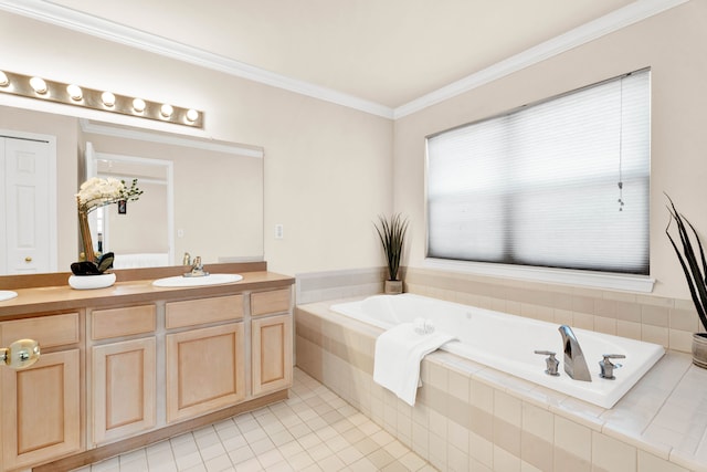 bathroom featuring vanity, tile patterned flooring, tiled tub, and crown molding