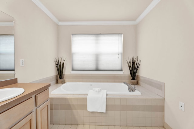 bathroom featuring a relaxing tiled tub, crown molding, and vanity