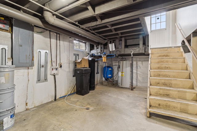 basement featuring electric panel and water heater