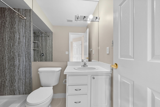 bathroom with tile patterned floors, toilet, a shower, and vanity