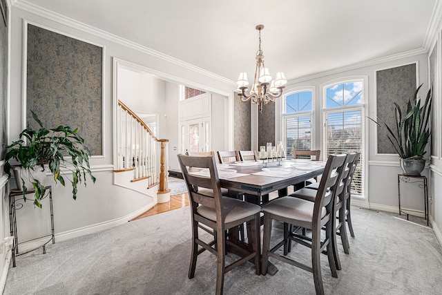 carpeted dining area with ornamental molding and a notable chandelier