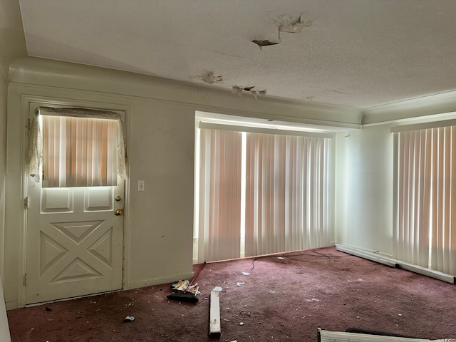 carpeted foyer with a textured ceiling