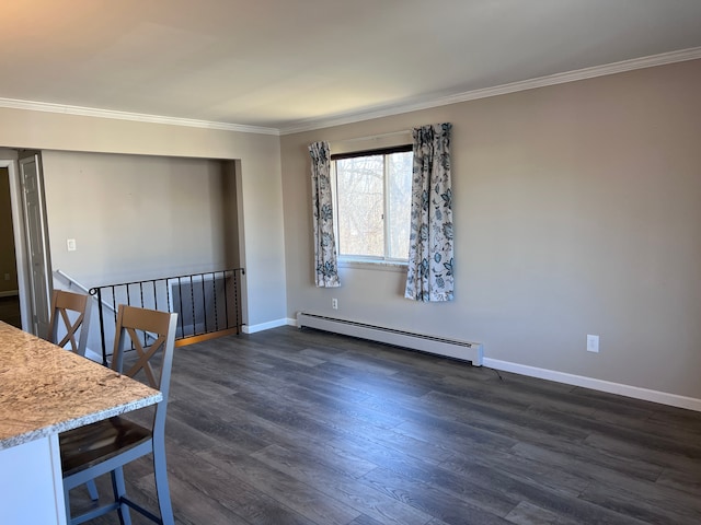 unfurnished dining area featuring a baseboard radiator, dark hardwood / wood-style floors, and ornamental molding