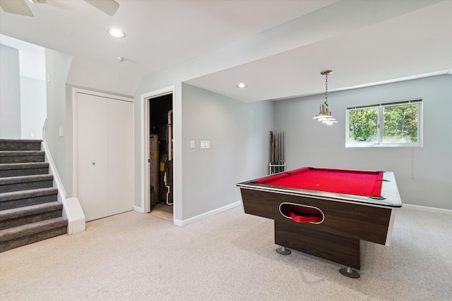 recreation room featuring light carpet, lofted ceiling, and pool table