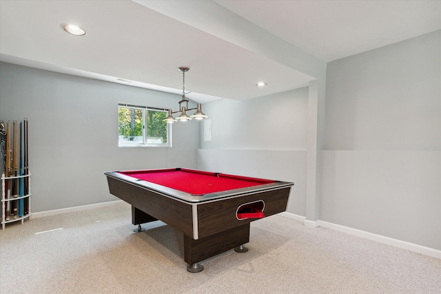 game room with light carpet and billiards