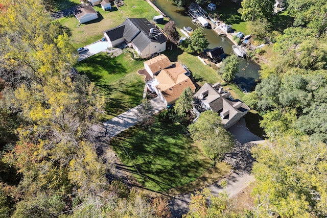 drone / aerial view featuring a water view