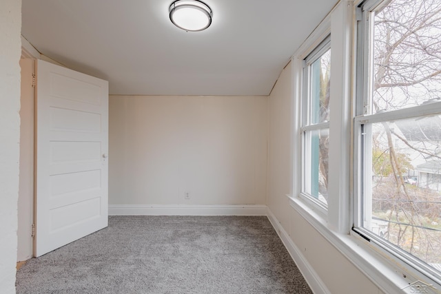 spare room with plenty of natural light, light colored carpet, and lofted ceiling