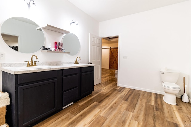 bathroom with wood-type flooring, vanity, and toilet