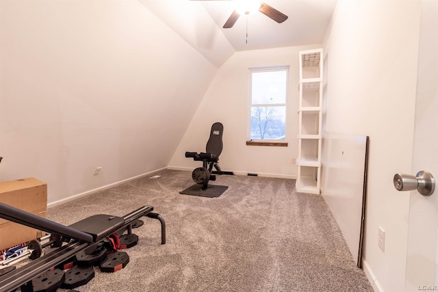 exercise area featuring carpet floors, vaulted ceiling, and ceiling fan