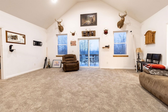 carpeted living room with high vaulted ceiling