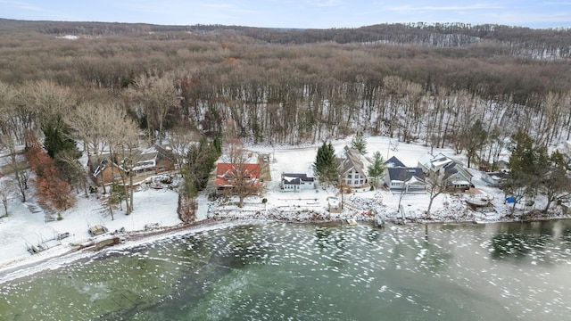 snowy aerial view featuring a water view