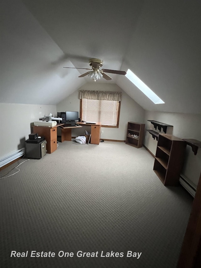 additional living space featuring light colored carpet, baseboard heating, ceiling fan, and lofted ceiling with skylight