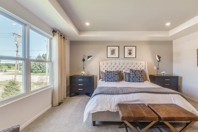 bedroom featuring multiple windows, a raised ceiling, and light carpet