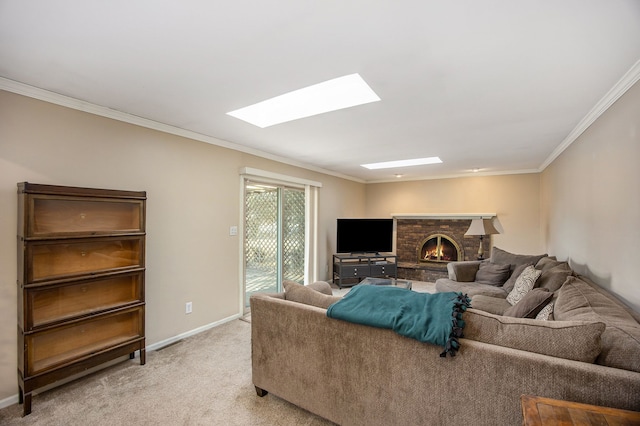 carpeted living room with crown molding and a fireplace