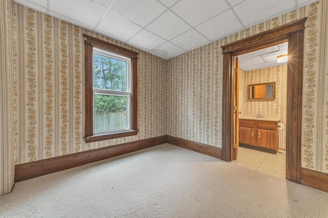 unfurnished room featuring carpet floors and a drop ceiling