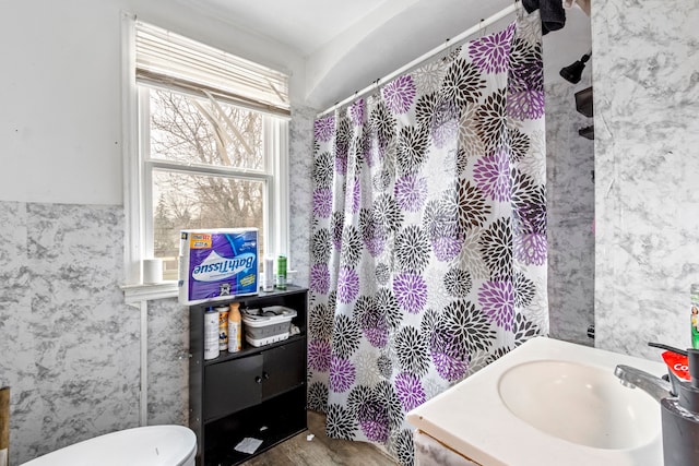 bathroom with hardwood / wood-style flooring, toilet, and sink