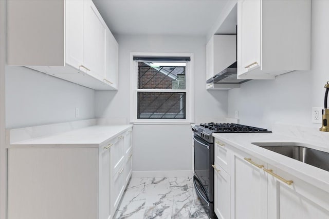 kitchen with white cabinetry, black gas stove, and extractor fan