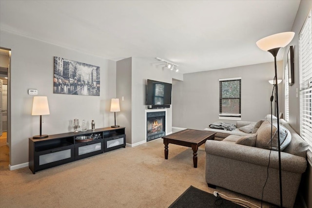 living room featuring rail lighting and light carpet