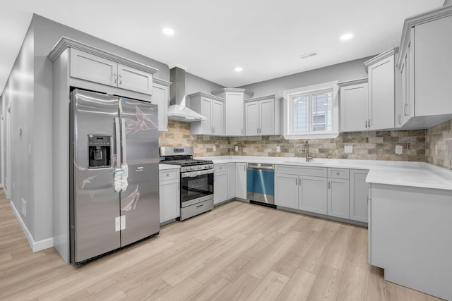 kitchen featuring appliances with stainless steel finishes, wall chimney exhaust hood, backsplash, and sink