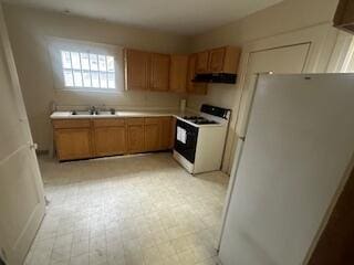 kitchen with ventilation hood, sink, and white appliances