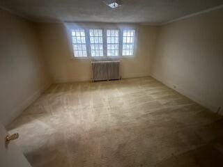 carpeted spare room featuring crown molding and radiator heating unit