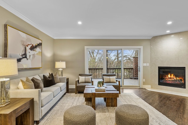 living room with a large fireplace, light hardwood / wood-style floors, and ornamental molding