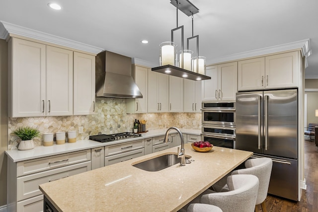 kitchen with sink, wall chimney range hood, backsplash, a kitchen island with sink, and appliances with stainless steel finishes