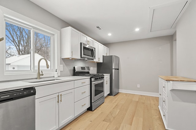 kitchen with sink, white cabinetry, appliances with stainless steel finishes, and light hardwood / wood-style flooring