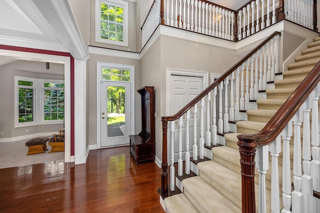 entryway featuring a high ceiling, dark hardwood / wood-style floors, ornamental molding, and a healthy amount of sunlight