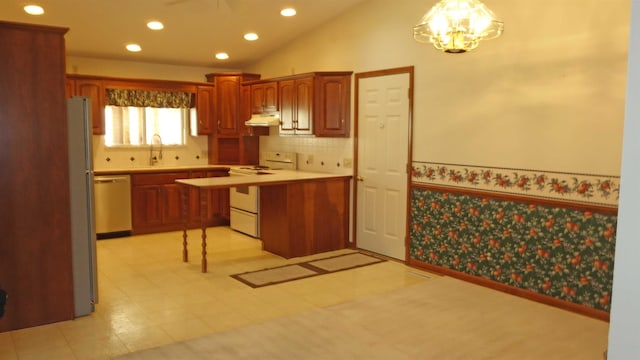 kitchen with dishwasher, an inviting chandelier, white range, pendant lighting, and decorative backsplash