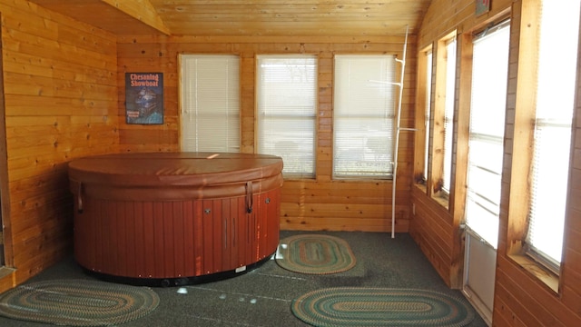 interior space with a jacuzzi, vaulted ceiling, and wood walls